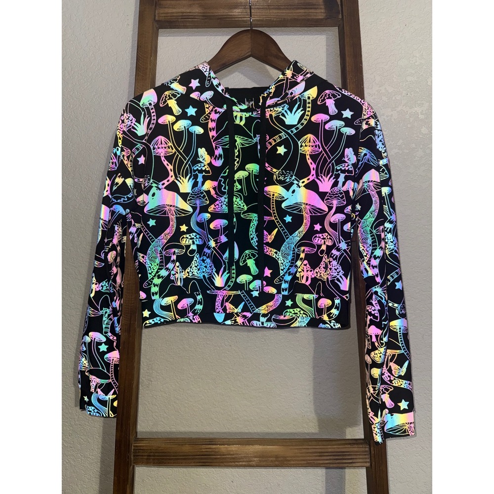 Reflective Holographic Mushroom Crop Hoodie Rainbow Trippy Festival Rave Top S